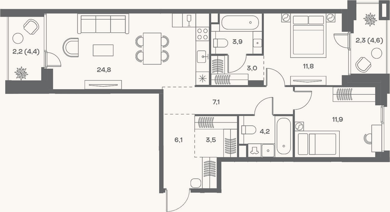 Планировка: 3-к, 76,3 м²