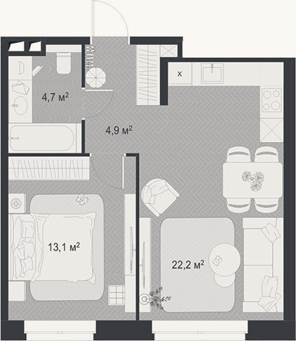 Планировка: 2-к, 44,9 м²