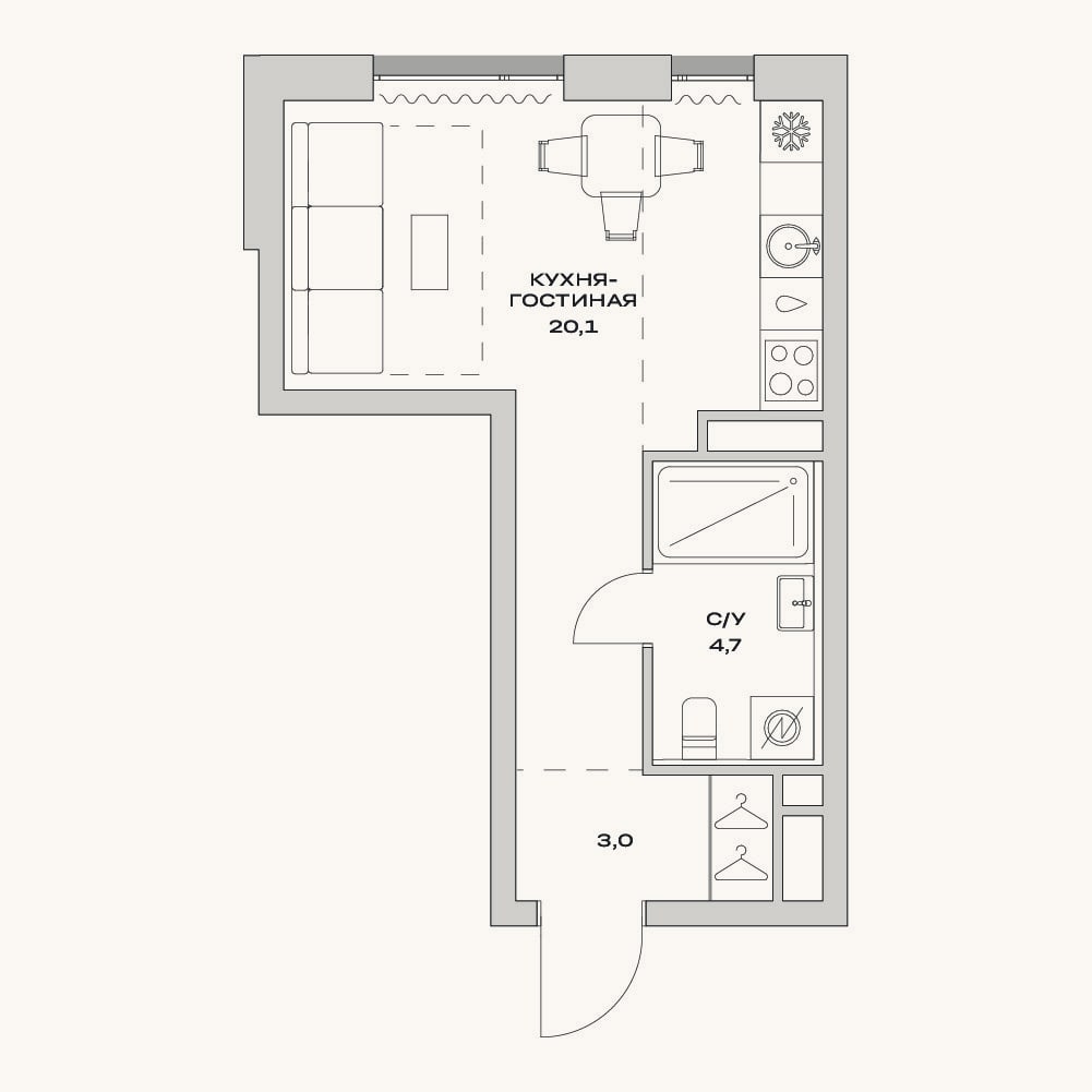 Планировка: Студия, 27,8 м²