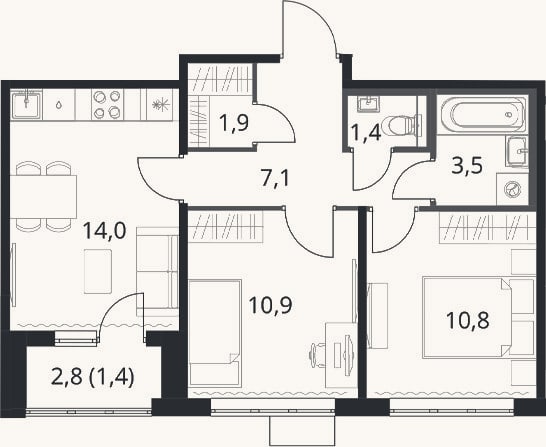 Планировка: 2-к, 49,6 м²
