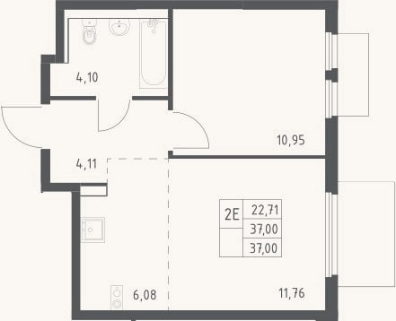 Планировка: 2-к, 37 м²