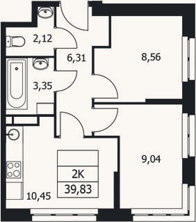 Планировка: 2-к, 39,8 м²