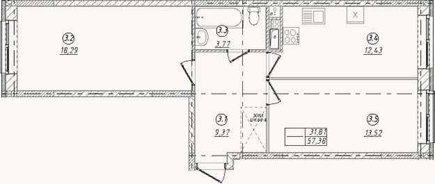 Планировка: 2-к, 57,4 м²