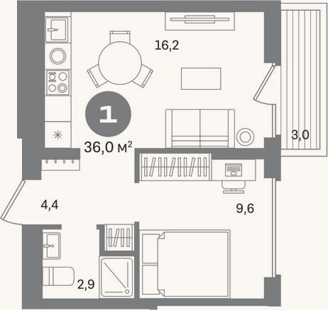 Планировка: 1-к, 33 м²