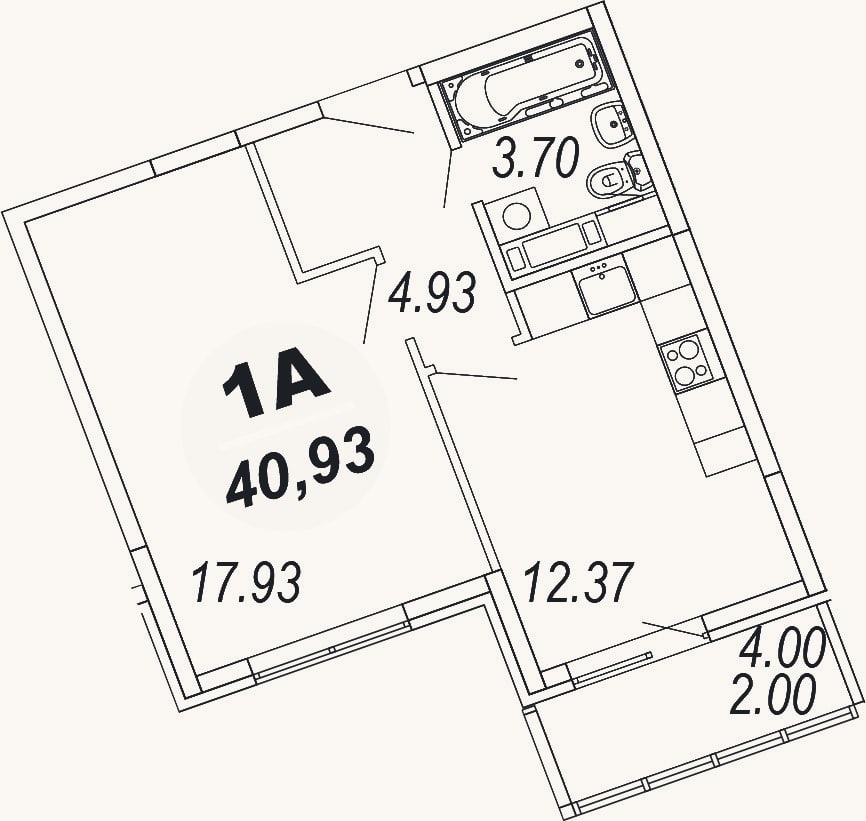 Планировка: 1-к, 38,9 м²