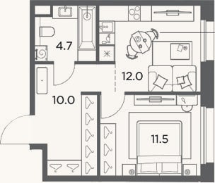 Планировка: 1-к, 38,2 м²
