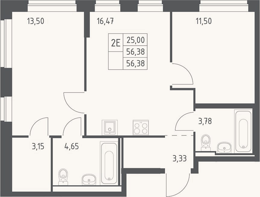 Планировка: 3-к, 56,4 м²
