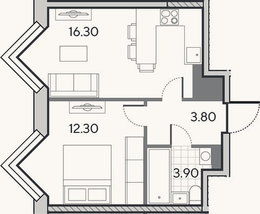 Планировка: 2-к, 36,3 м²
