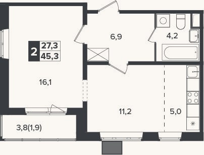 Планировка: 2-к, 43,4 м²