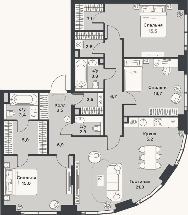 Планировка: 4+ к, 111,5 м²
