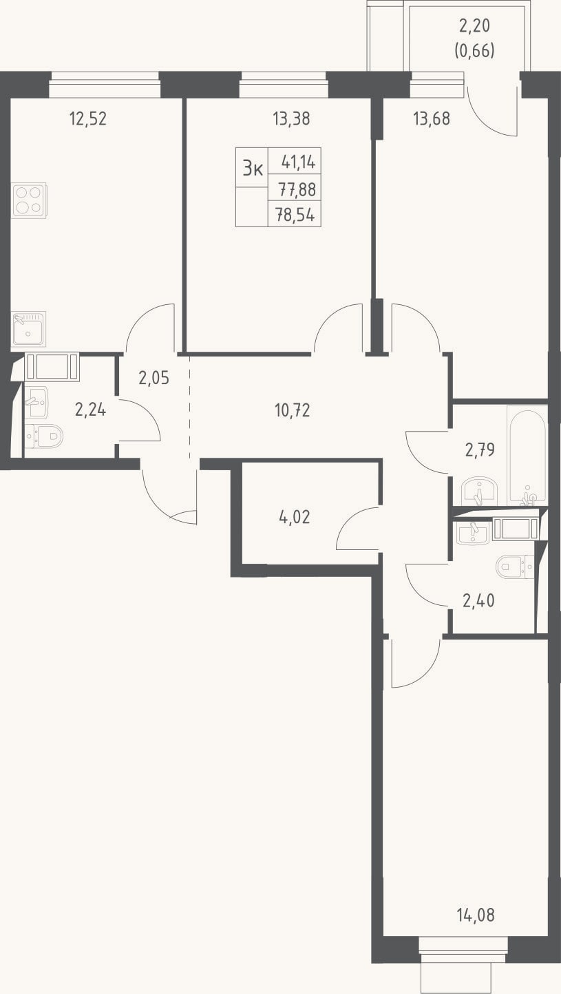 Планировка: 3-к, 77,9 м²