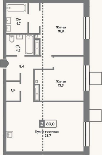 Планировка: 3-к, 80 м²