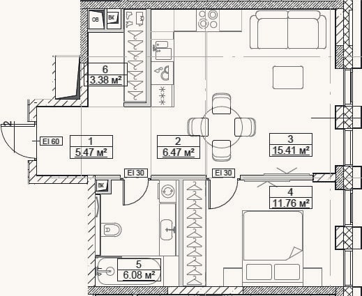 Планировка: 2-к, 48,6 м²