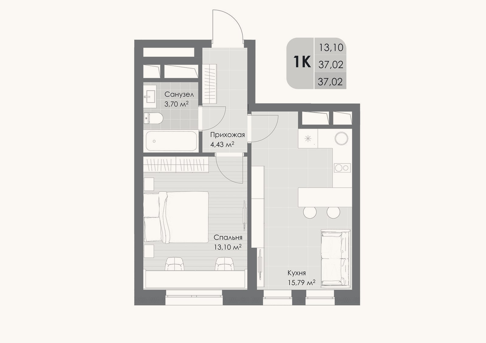 Планировка: 1-к, 37 м²