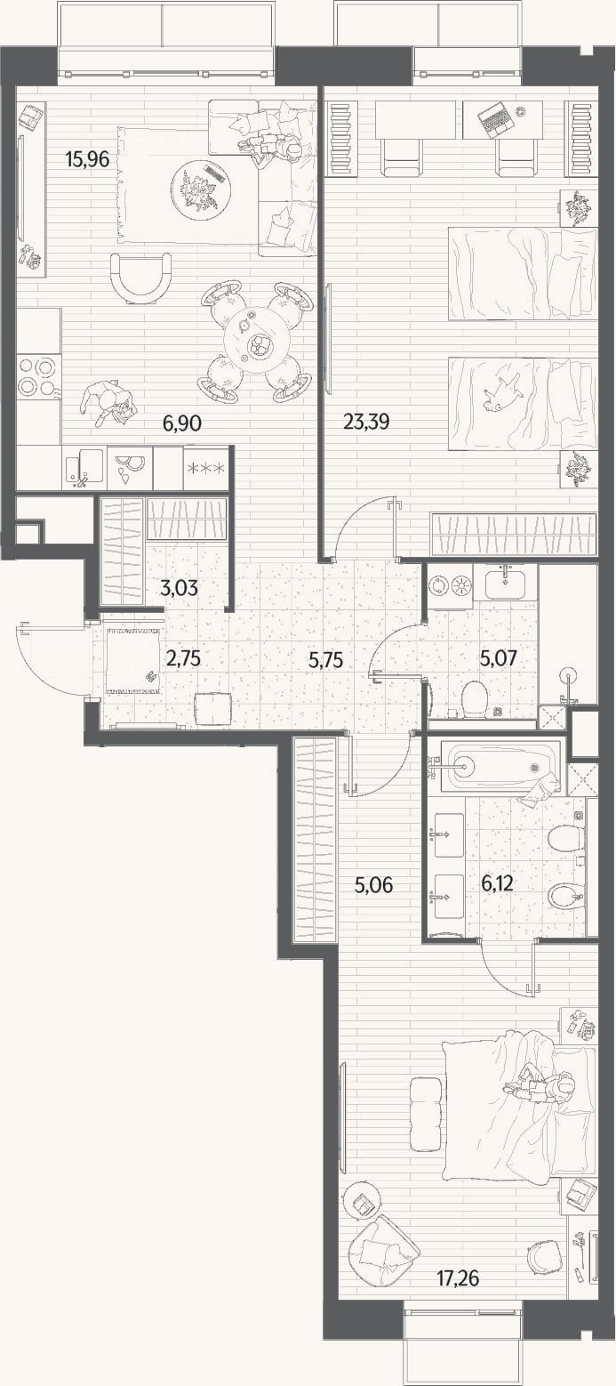 Планировка: 3-к, 91,3 м²