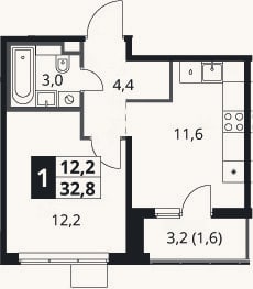 Планировка: 1-к, 31,2 м²