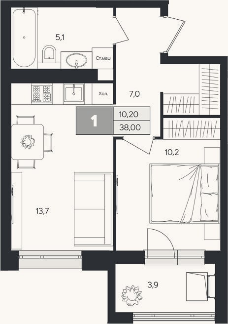 Планировка: 1-к, 36,1 м²