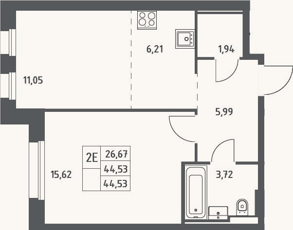 Планировка: 2-к, 44,5 м²