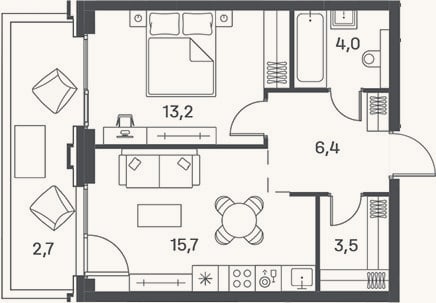 Планировка: 2-к, 42,8 м²