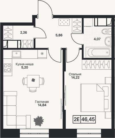 Планировка: 2-к, 46,3 м²