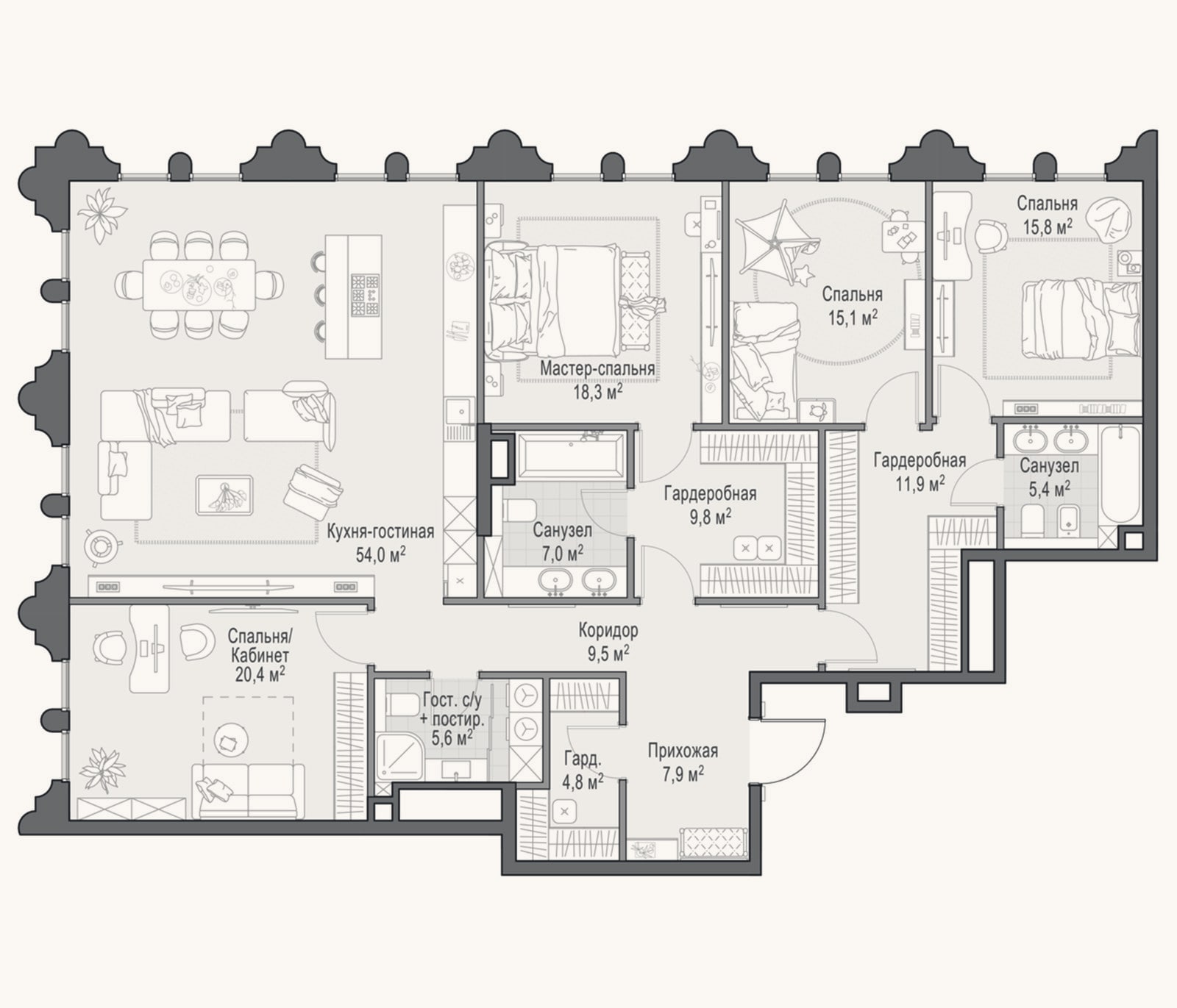 Планировка: 4+ к, 187 м²