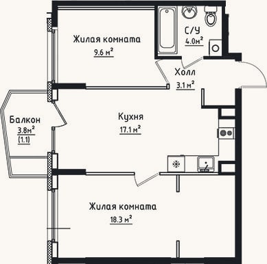 Планировка: 2-к, 52,1 м²