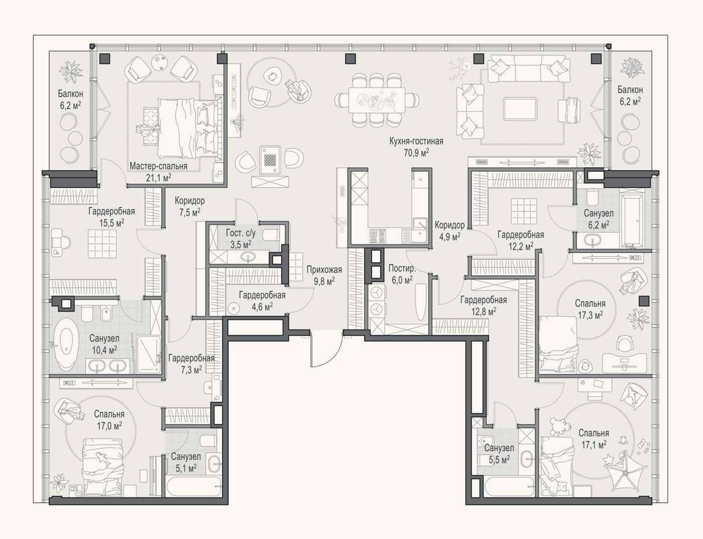 Планировка: 4+ к, 259,8 м²