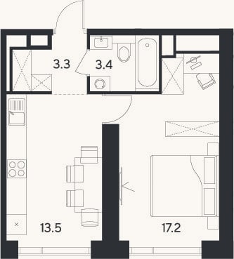 Планировка: 1-к, 37,4 м²