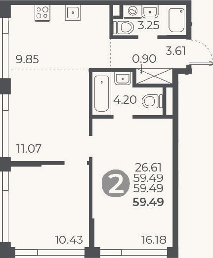 Планировка: 2-к, 59,5 м²
