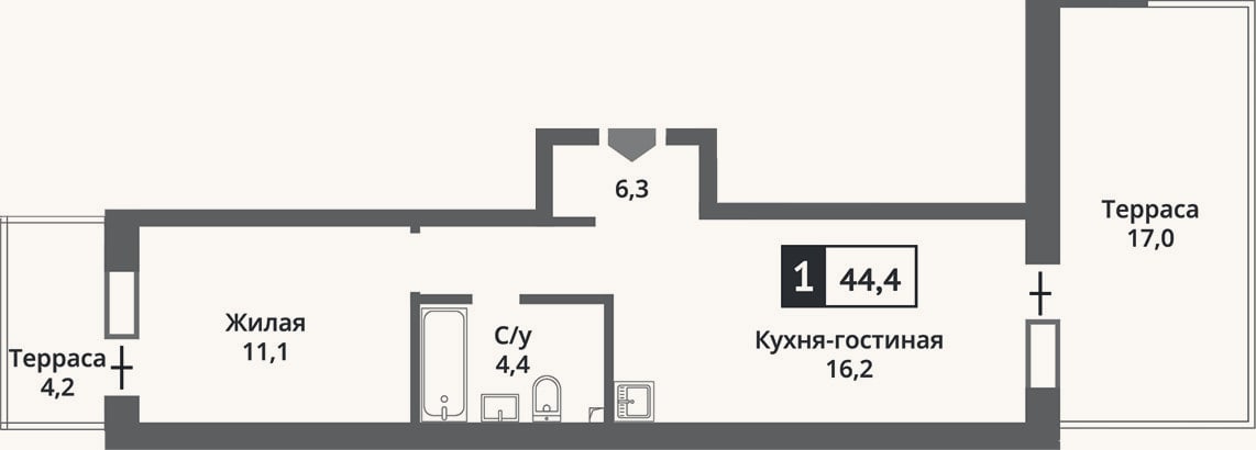 Планировка: 2-к, 32,4 м²