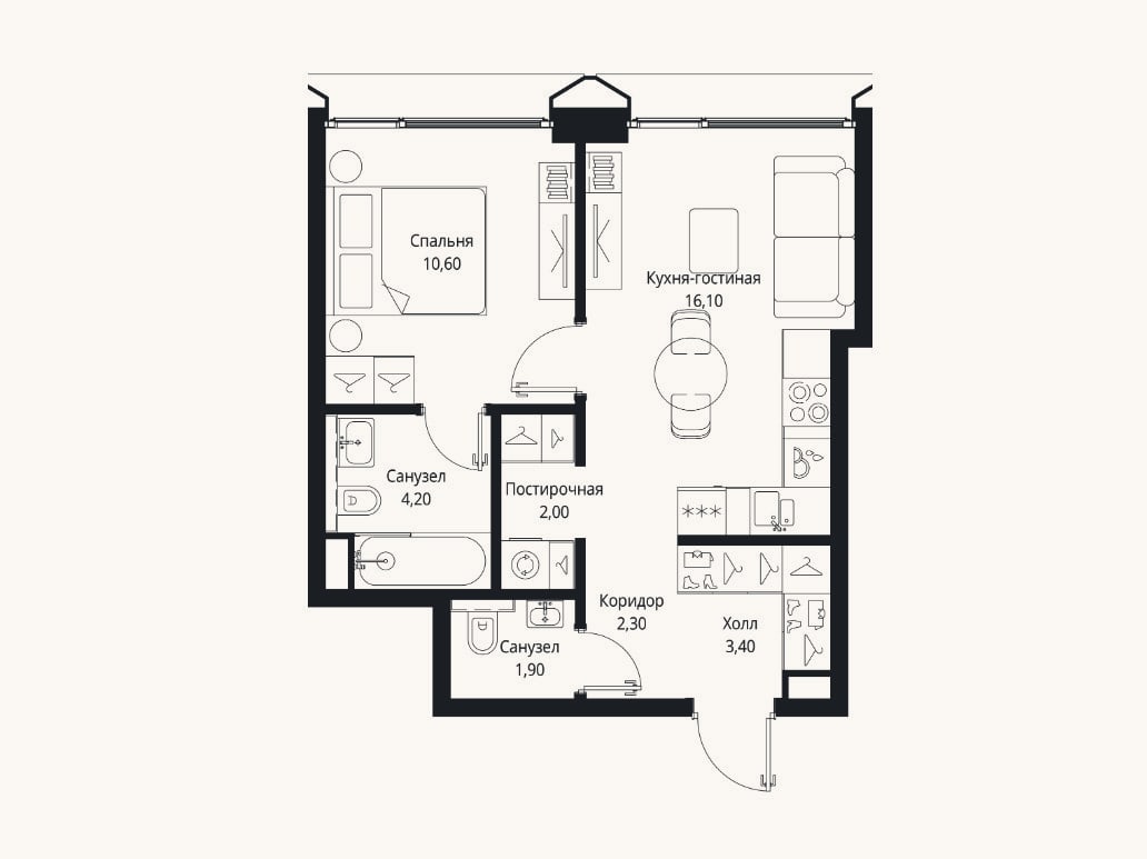 Планировка: 2-к, 40,5 м²