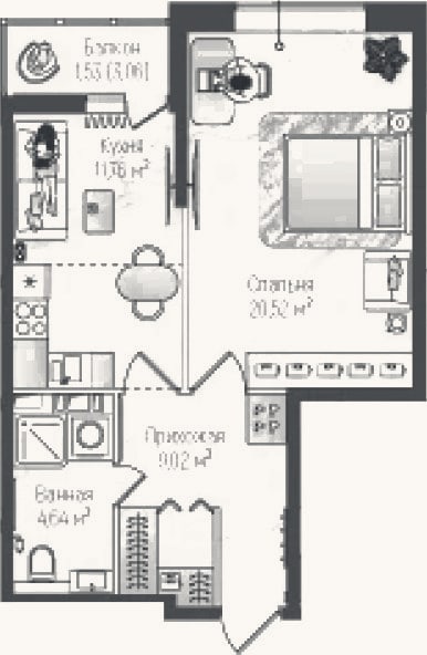 Планировка: 2-к, 45,9 м²