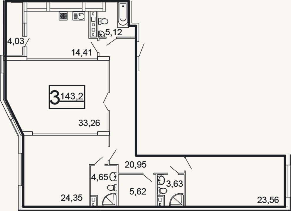 Планировка: 3-к, 143 м²