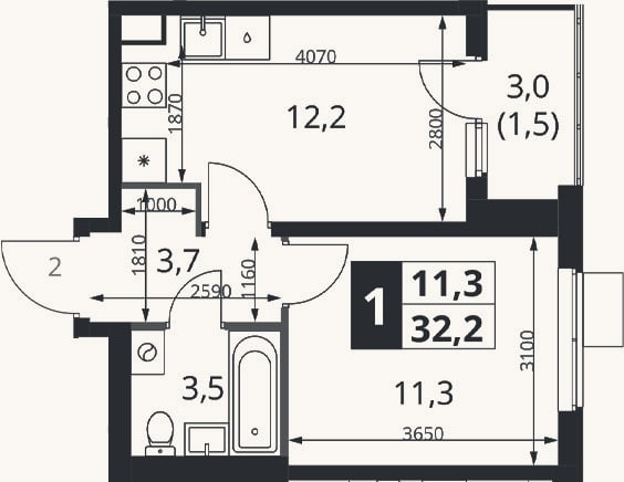 Планировка: 1-к, 30,7 м²
