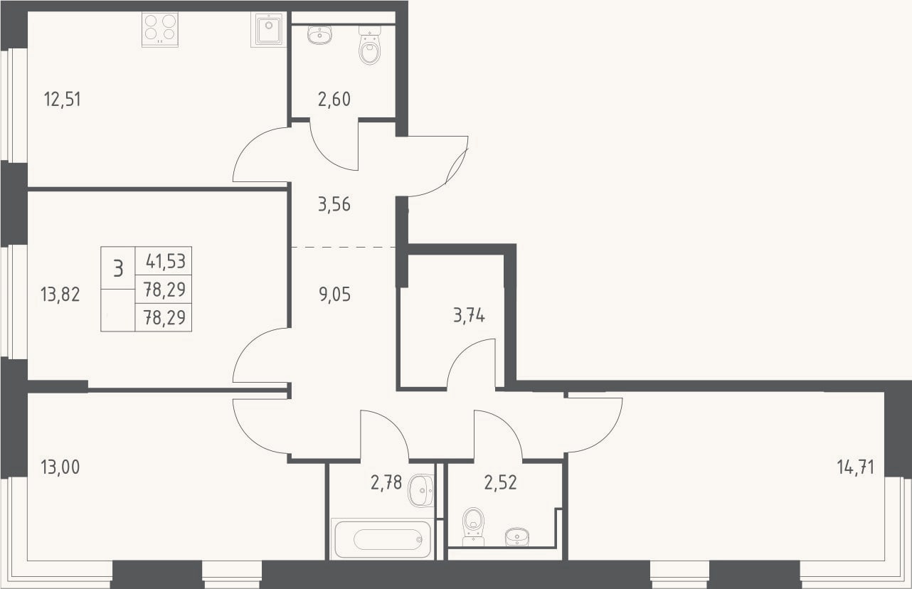 Планировка: 3-к, 78,3 м²