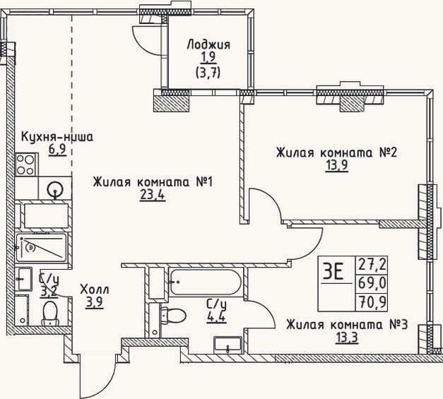 Планировка: 3-к, 69 м²