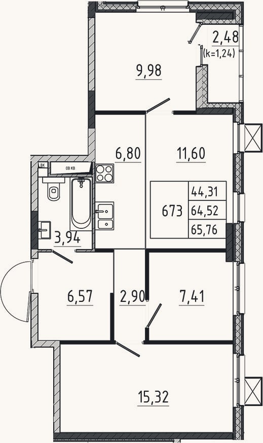 Планировка: 4+ к, 64,5 м²