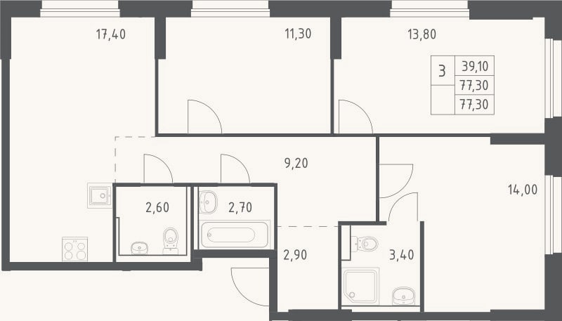 Планировка: 4+ к, 77,3 м²