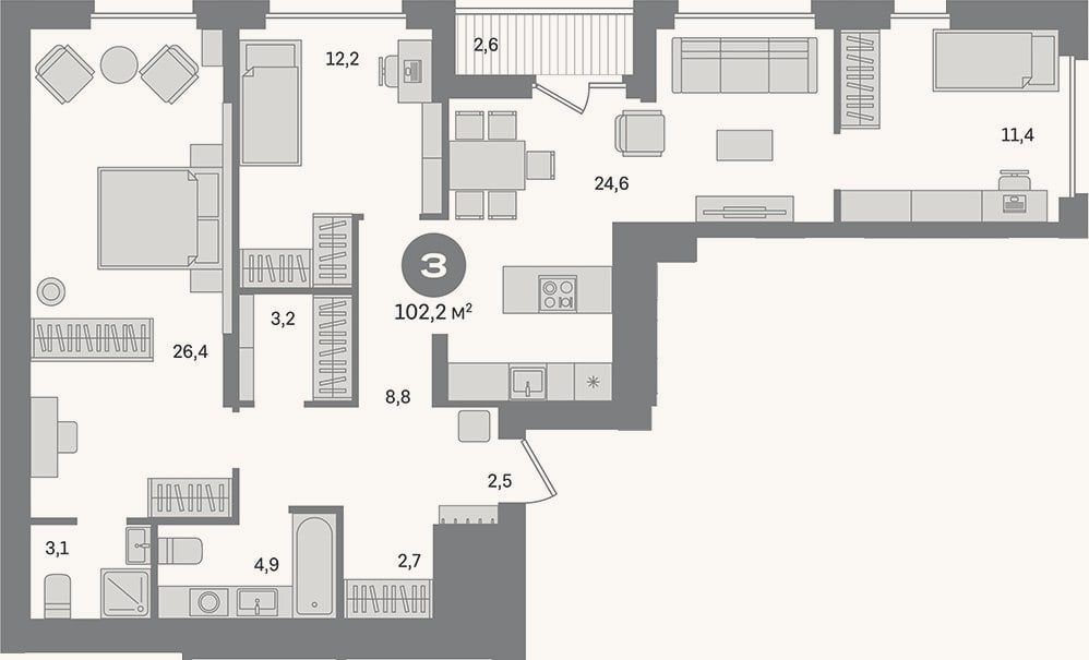 Планировка: 3-к, 99,6 м²