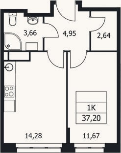 Планировка: 1-к, 37,2 м²