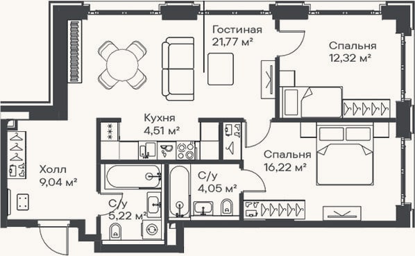 Планировка: 3-к, 73,1 м²