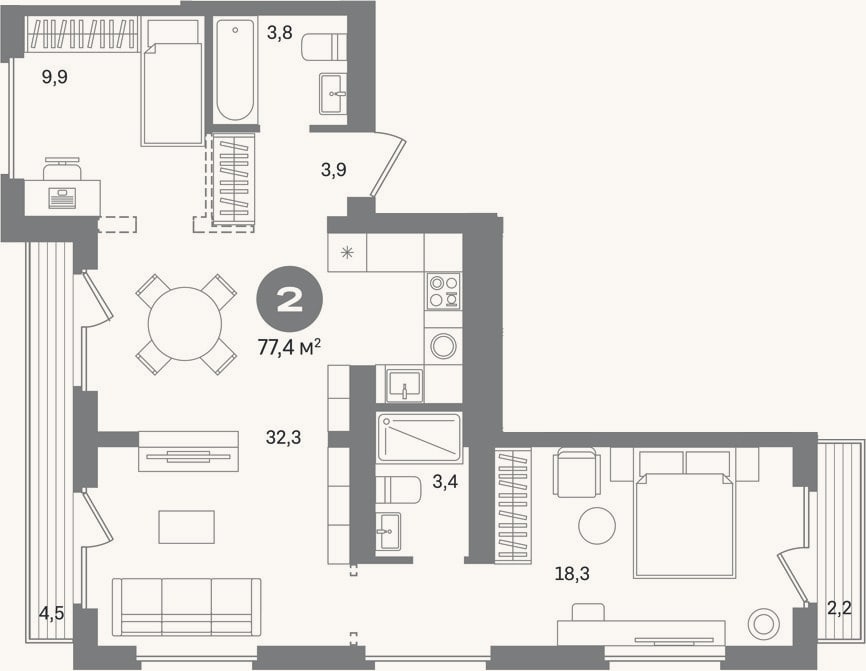 Планировка: 2-к, 70,7 м²
