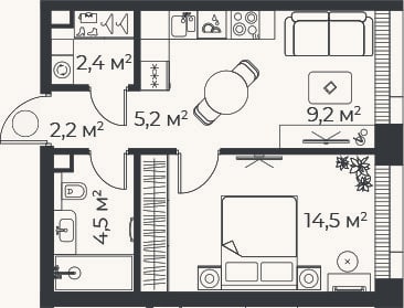Планировка: 2-к, 38,1 м²