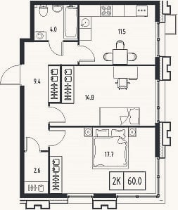 Планировка: 2-к, 60 м²