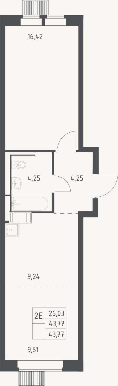 Планировка: 2-к, 43,8 м²