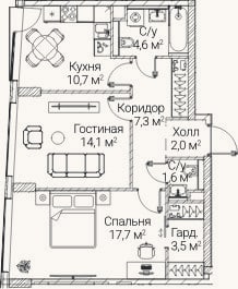 Планировка: 2-к, 61,3 м²