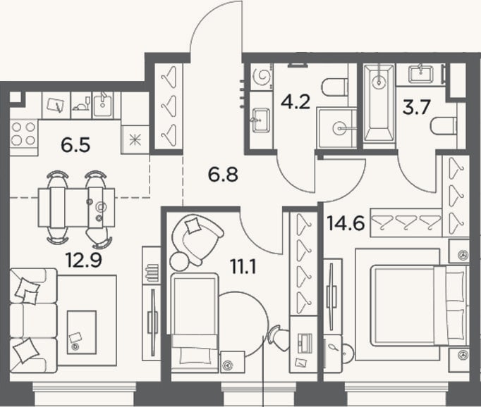 Планировка: 3-к, 59,8 м²