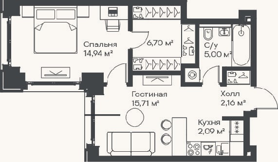 Планировка: 2-к, 46,6 м²