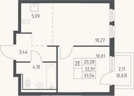 Планировка: 2-к, 32,9 м²
