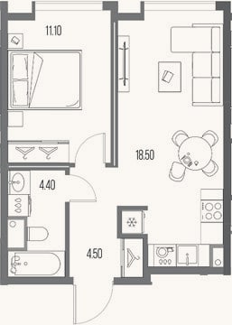 Планировка: 1-к, 38,5 м²